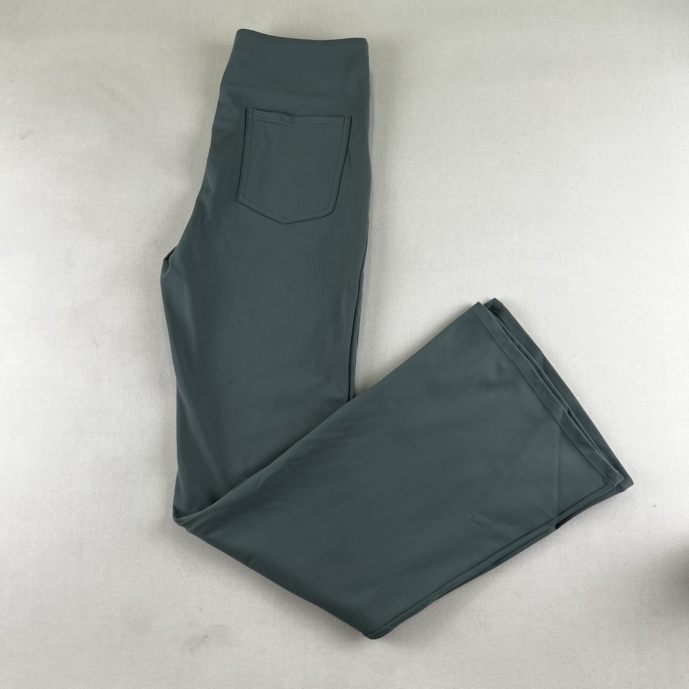 Stretchy High Waisted Flare Leg Pull On Pants Dark Teal Green Slate Small
